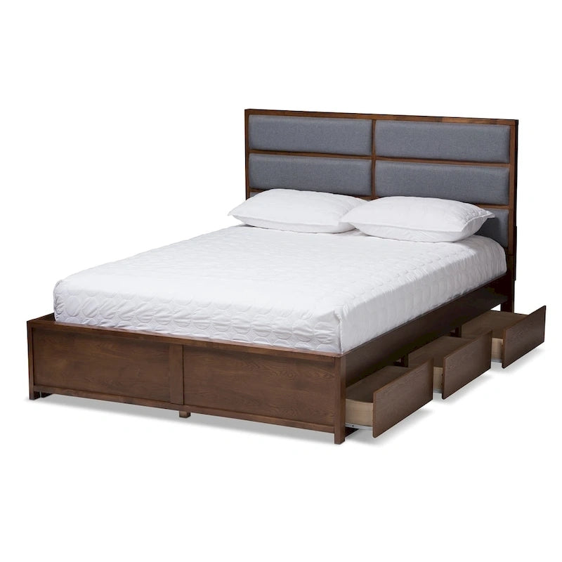 Lit coffre contemporain Strick &amp; Bolton Mori en tissu gris et bois de noyer