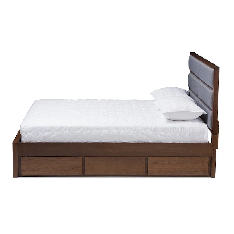 Lit coffre contemporain Strick &amp; Bolton Mori en tissu gris et bois de noyer