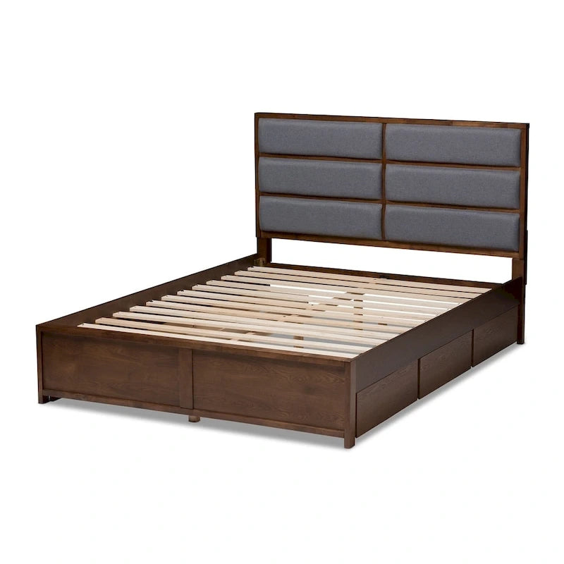 Lit coffre contemporain Strick &amp; Bolton Mori en tissu gris et bois de noyer