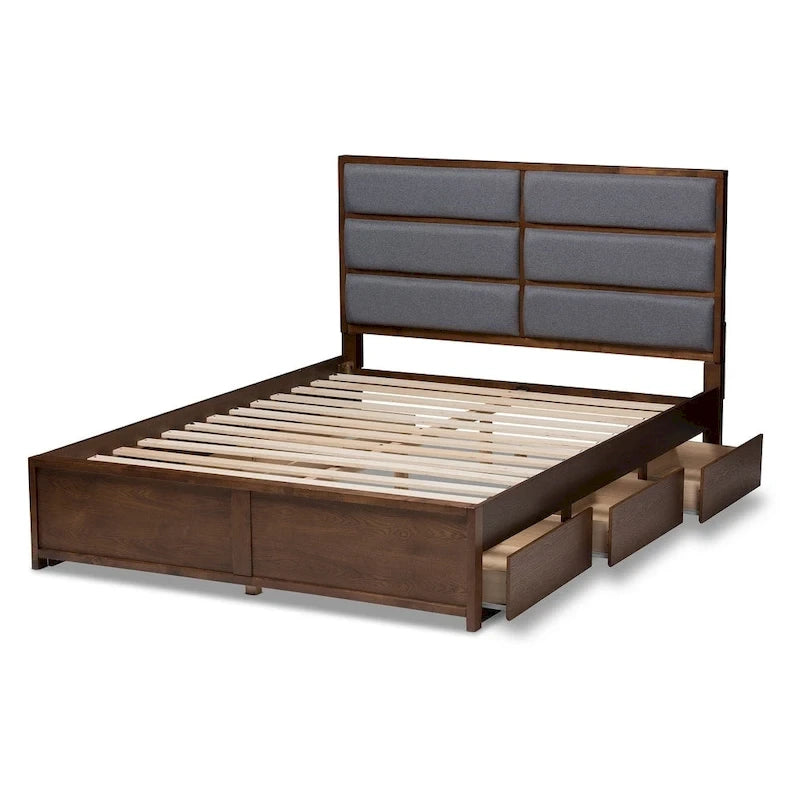 Lit coffre contemporain Strick &amp; Bolton Mori en tissu gris et bois de noyer