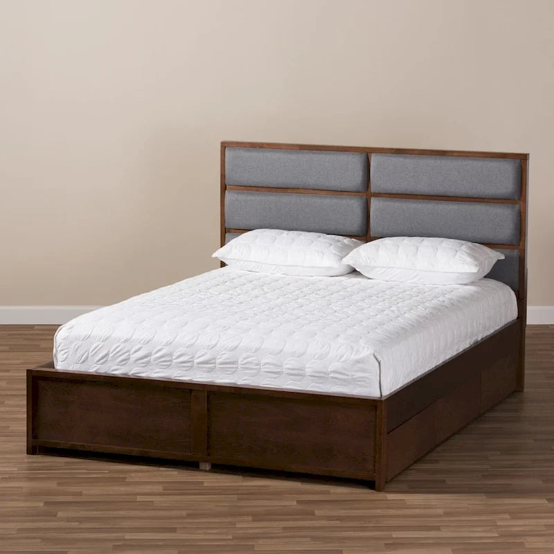 Lit coffre contemporain Strick &amp; Bolton Mori en tissu gris et bois de noyer