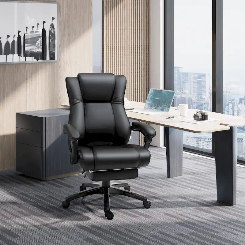 Fauteuil de bureau Vinsetto Executive, inclinable, dossier haut rembourré en similicuir, repose-pieds rétractable, hauteur réglable, noir