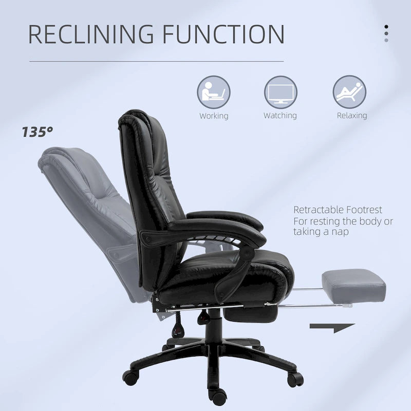 Fauteuil de bureau Vinsetto Executive, inclinable, dossier haut rembourré en similicuir, repose-pieds rétractable, hauteur réglable, noir