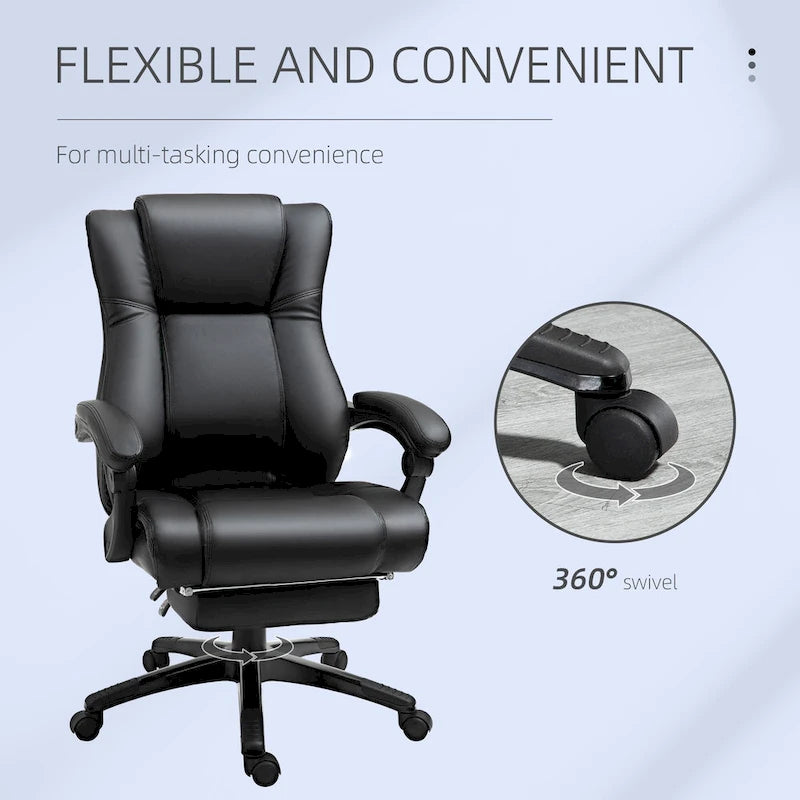 Fauteuil de bureau Vinsetto Executive, inclinable, dossier haut rembourré en similicuir, repose-pieds rétractable, hauteur réglable, noir