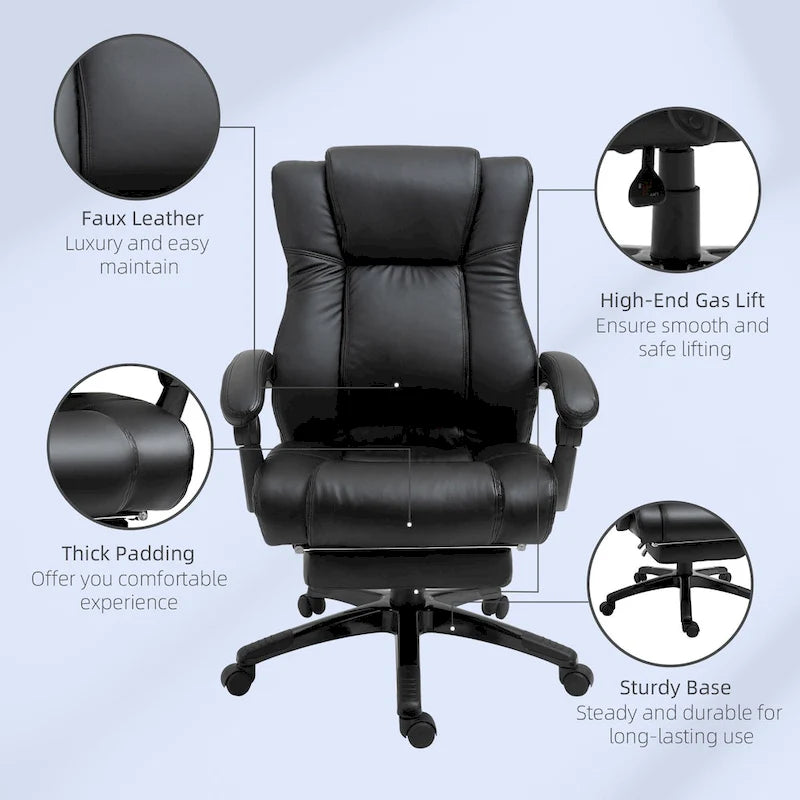 Fauteuil de bureau Vinsetto Executive, inclinable, dossier haut rembourré en similicuir, repose-pieds rétractable, hauteur réglable, noir