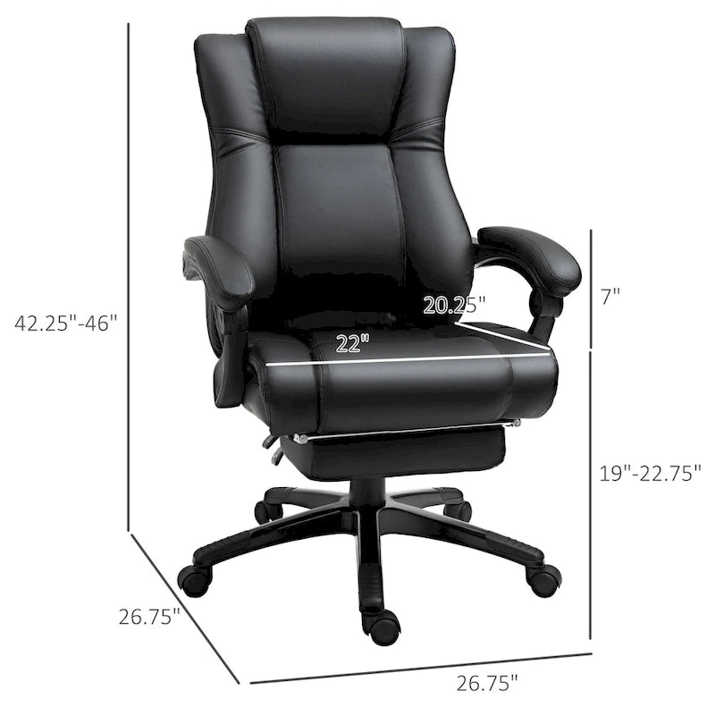 Fauteuil de bureau Vinsetto Executive, inclinable, dossier haut rembourré en similicuir, repose-pieds rétractable, hauteur réglable, noir