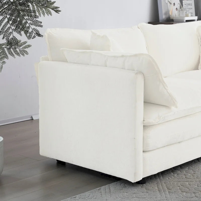 Fauteuil de lecture confortable et profond, une place, en tissu chenille blanc, avec 1 coussin décoratif.