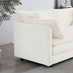 Fauteuil de lecture confortable et profond, une place, en tissu chenille blanc, avec 1 coussin décoratif.