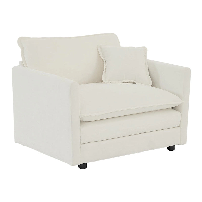 Fauteuil de lecture confortable et profond, une place, en tissu chenille blanc, avec 1 coussin décoratif.