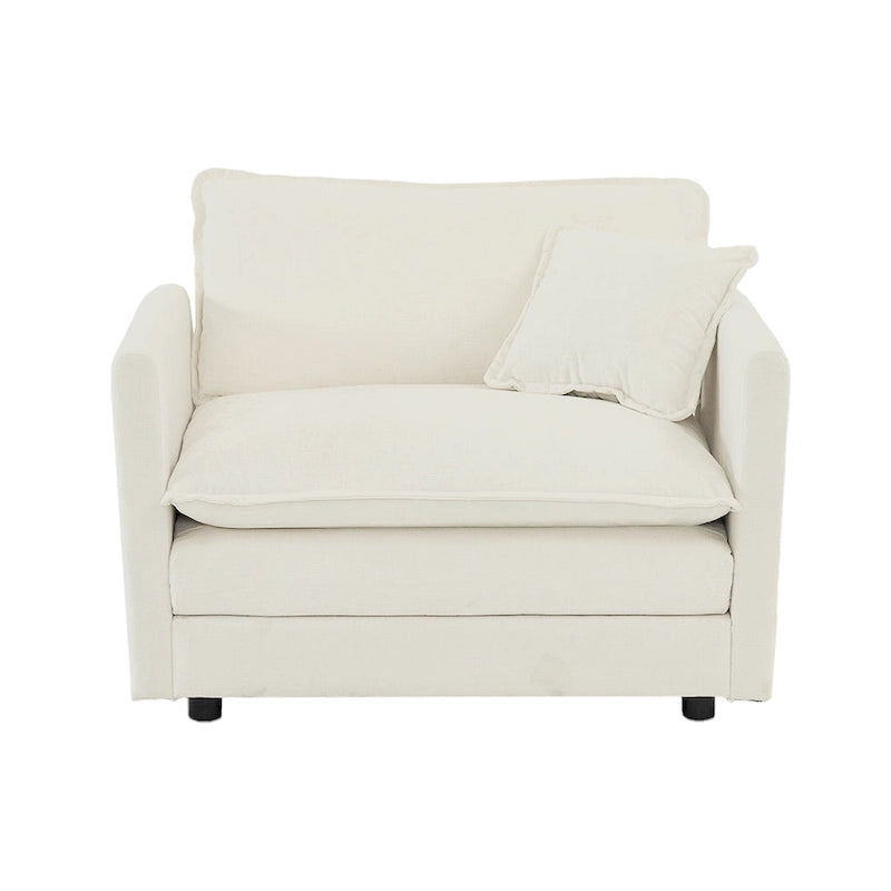 Fauteuil de lecture confortable et profond, une place, en tissu chenille blanc, avec 1 coussin décoratif.