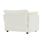Fauteuil de lecture confortable et profond, une place, en tissu chenille blanc, avec 1 coussin décoratif.