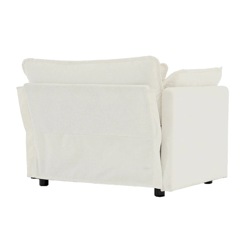 Fauteuil de lecture confortable et profond, une place, en tissu chenille blanc, avec 1 coussin décoratif.
