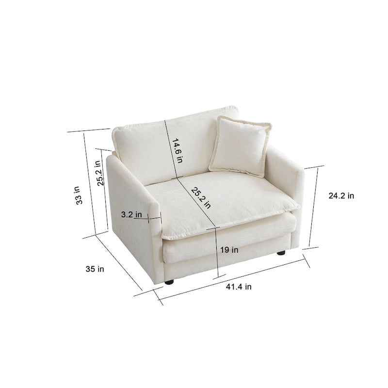 Fauteuil de lecture confortable et profond, une place, en tissu chenille blanc, avec 1 coussin décoratif.