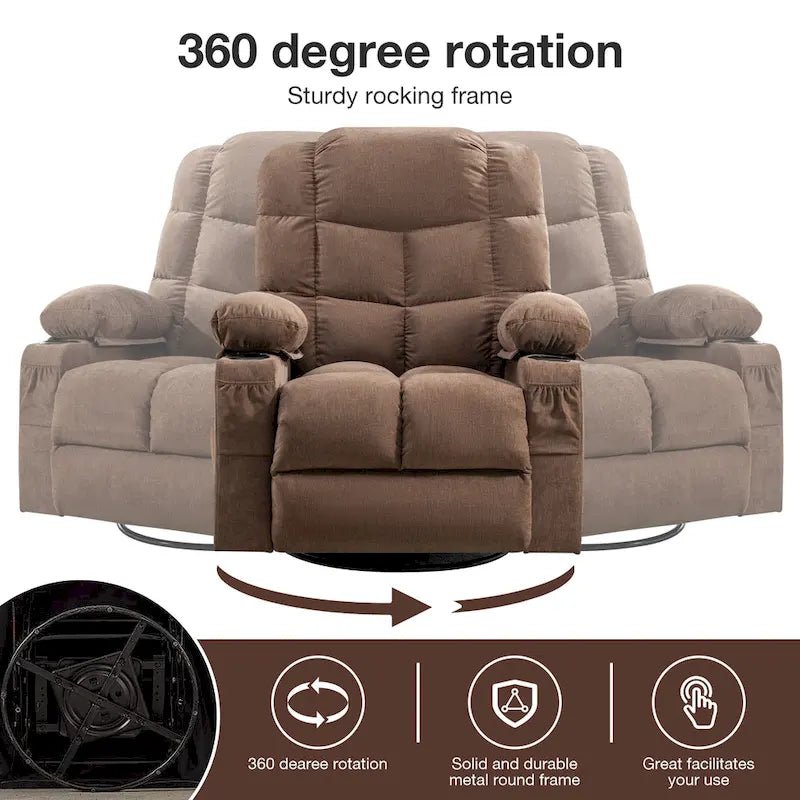 Fauteuil à bascule massant inclinable pour adultes, grand format, avec 2 porte-gobelets, port de charge USB et fonction de massage manuel.