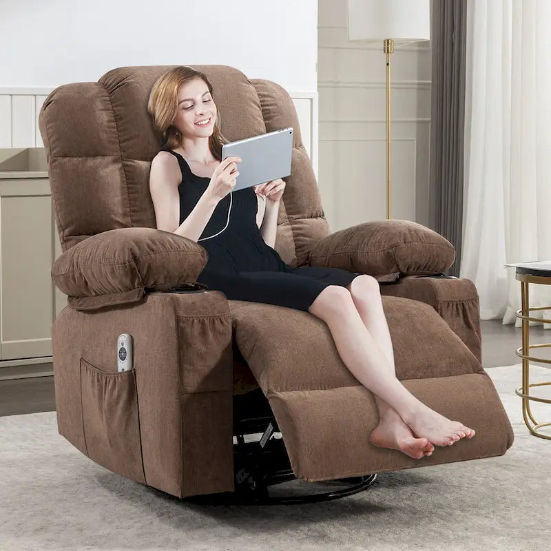 Fauteuil à bascule massant inclinable pour adultes, grand format, avec 2 porte-gobelets, port de charge USB et fonction de massage manuel.