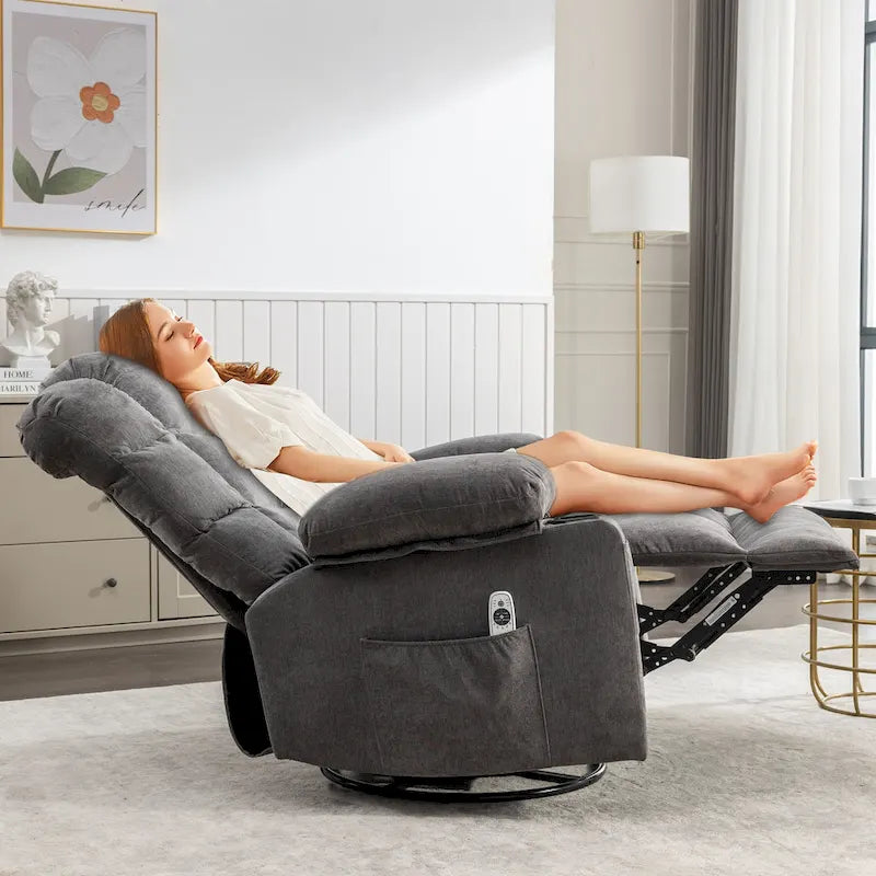 Fauteuil à bascule massant inclinable pour adultes, grand format, avec 2 porte-gobelets, port de charge USB et fonction de massage manuel.