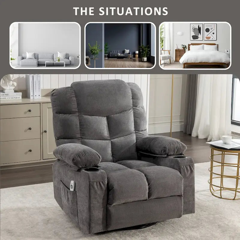 Fauteuil à bascule massant inclinable pour adultes, grand format, avec 2 porte-gobelets, port de charge USB et fonction de massage manuel.