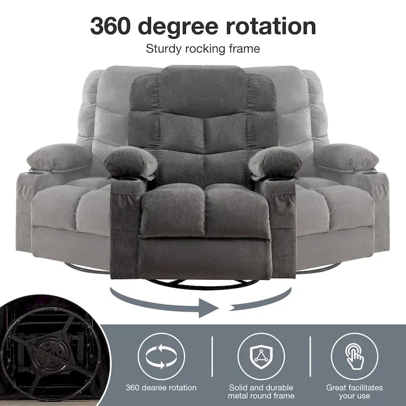 Fauteuil à bascule massant inclinable pour adultes, grand format, avec 2 porte-gobelets, port de charge USB et fonction de massage manuel.