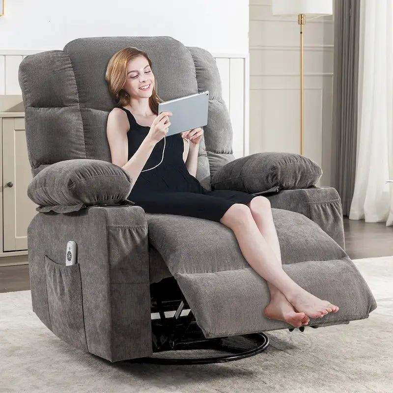 Fauteuil à bascule massant inclinable pour adultes, grand format, avec 2 porte-gobelets, port de charge USB et fonction de massage manuel.