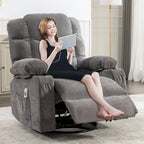 Fauteuil à bascule massant inclinable pour adultes, grand format, avec 2 porte-gobelets, port de charge USB et fonction de massage manuel.