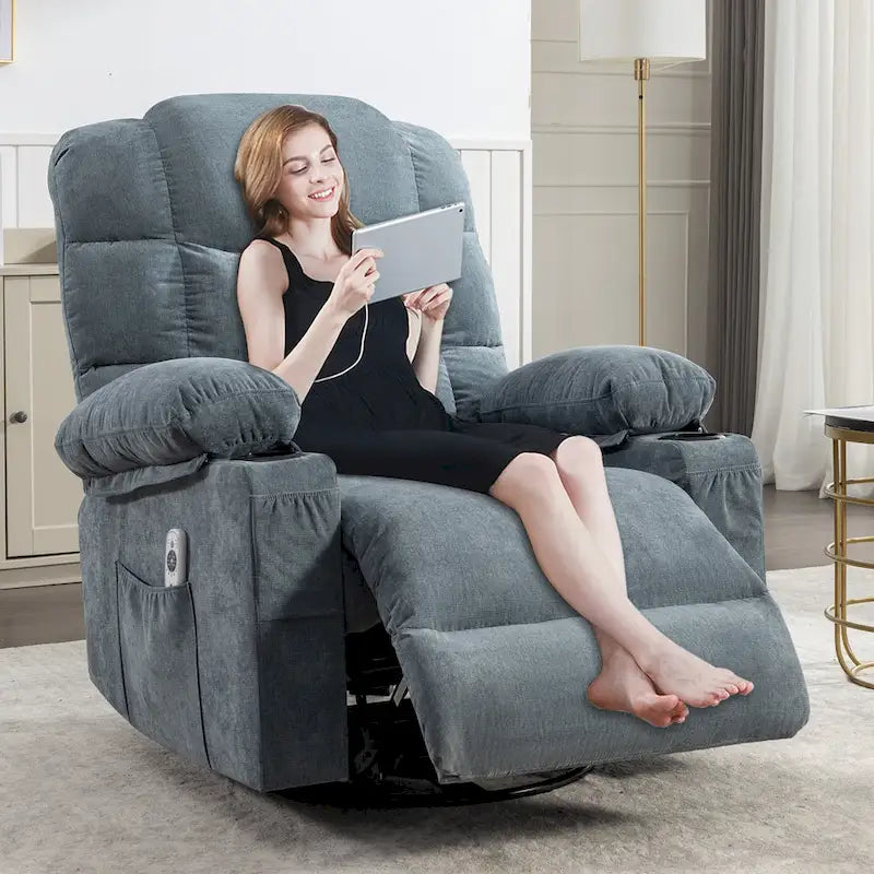 Fauteuil à bascule massant inclinable pour adultes, grand format, avec 2 porte-gobelets, port de charge USB et fonction de massage manuel.