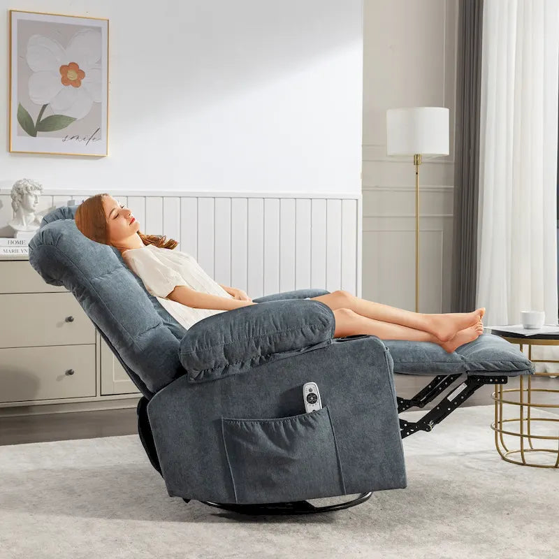 Fauteuil à bascule massant inclinable pour adultes, grand format, avec 2 porte-gobelets, port de charge USB et fonction de massage manuel.