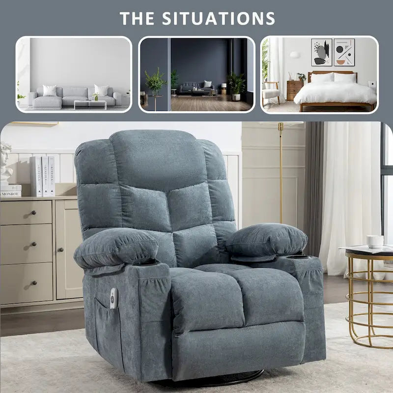 Fauteuil à bascule massant inclinable pour adultes, grand format, avec 2 porte-gobelets, port de charge USB et fonction de massage manuel.