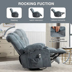 Fauteuil à bascule massant inclinable pour adultes, grand format, avec 2 porte-gobelets, port de charge USB et fonction de massage manuel.
