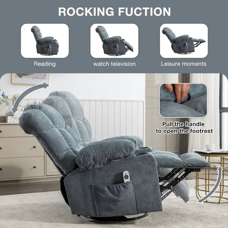 Fauteuil à bascule massant inclinable pour adultes, grand format, avec 2 porte-gobelets, port de charge USB et fonction de massage manuel.