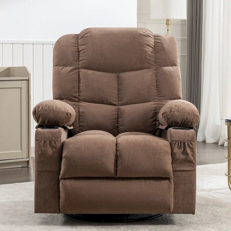 Fauteuil à bascule massant inclinable pour adultes, grand format, avec 2 porte-gobelets, port de charge USB et fonction de massage manuel.