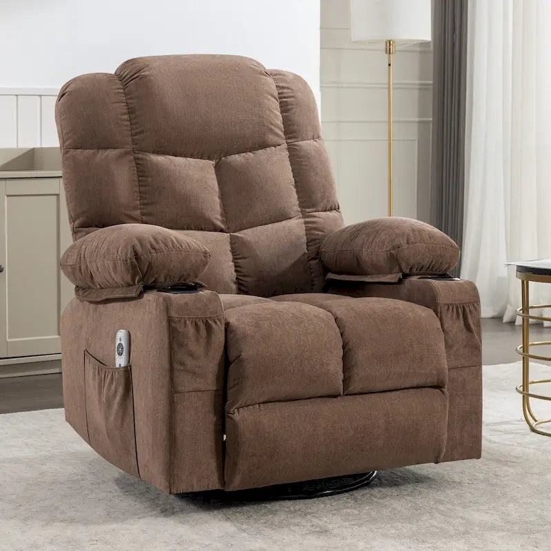 Fauteuil à bascule massant inclinable pour adultes, grand format, avec 2 porte-gobelets, port de charge USB et fonction de massage manuel.