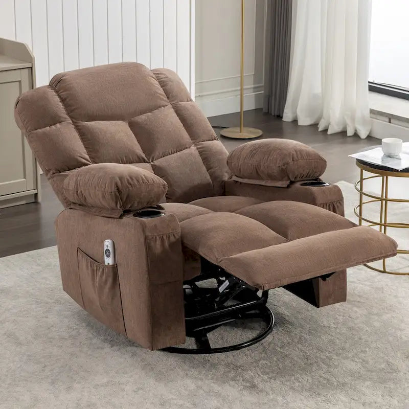 Fauteuil à bascule massant inclinable pour adultes, grand format, avec 2 porte-gobelets, port de charge USB et fonction de massage manuel.