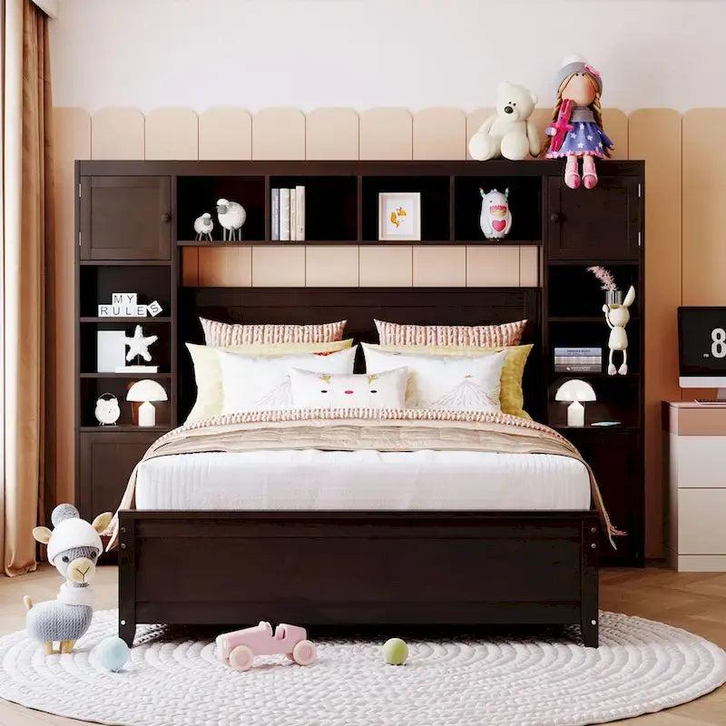 Lit en bois pleine grandeur avec armoire et étagère intégrées, couleur expresso