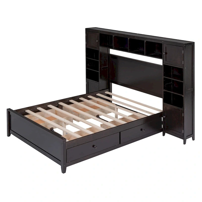 Lit en bois pleine grandeur avec armoire et étagère intégrées, couleur expresso