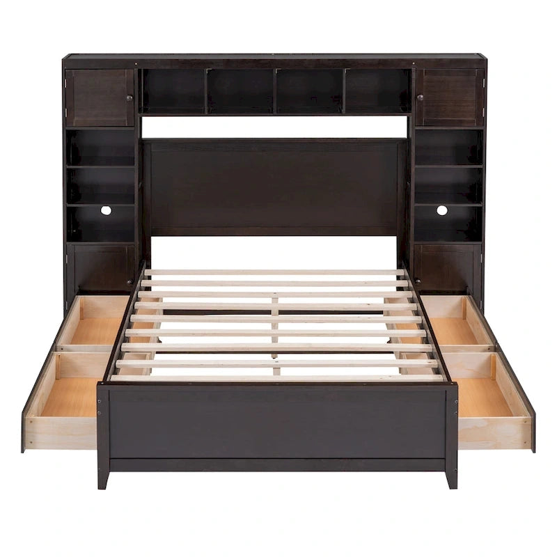 Lit en bois pleine grandeur avec armoire et étagère intégrées, couleur expresso