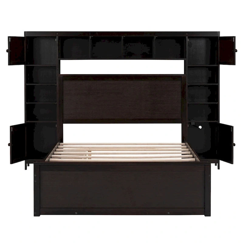 Lit en bois pleine grandeur avec armoire et étagère intégrées, couleur expresso