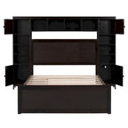 Lit en bois pleine grandeur avec armoire et étagère intégrées, couleur expresso