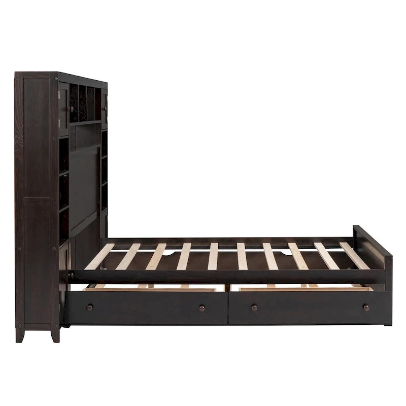 Lit en bois pleine grandeur avec armoire et étagère intégrées, couleur expresso