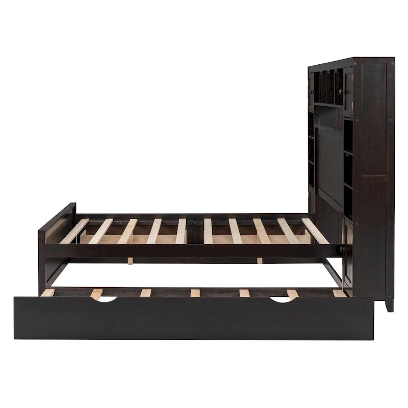Lit en bois pleine grandeur avec armoire et étagère intégrées, couleur expresso