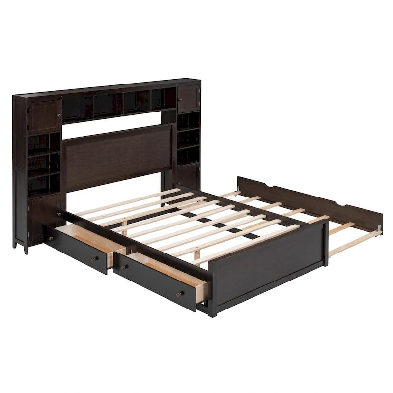 Lit en bois pleine grandeur avec armoire et étagère intégrées, couleur expresso