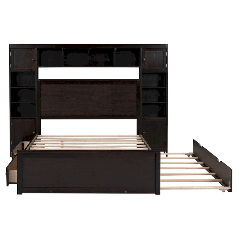 Lit en bois pleine grandeur avec armoire et étagère intégrées, couleur expresso