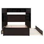 Lit en bois pleine grandeur avec armoire et étagère intégrées, couleur expresso