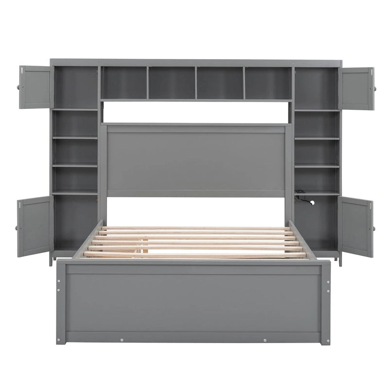 Lit en bois pleine grandeur avec armoire et étagère intégrées, couleur expresso