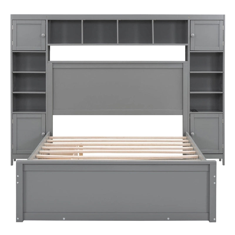 Lit en bois pleine grandeur avec armoire et étagère intégrées, couleur expresso