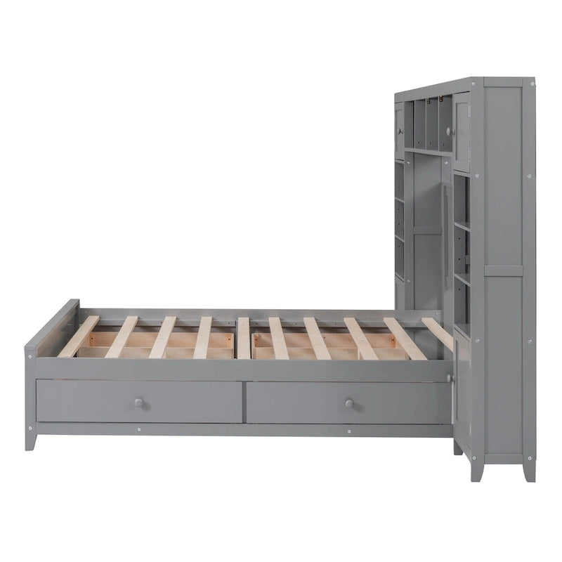 Lit en bois pleine grandeur avec armoire et étagère intégrées, couleur expresso