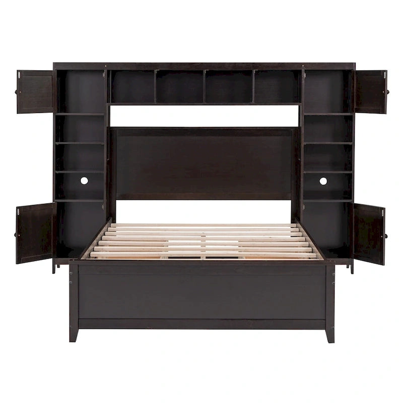 Lit en bois pleine grandeur avec armoire et étagère intégrées, couleur expresso