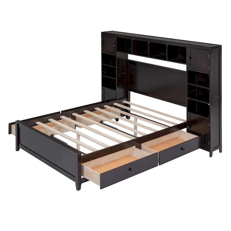 Lit en bois pleine grandeur avec armoire et étagère intégrées, couleur expresso