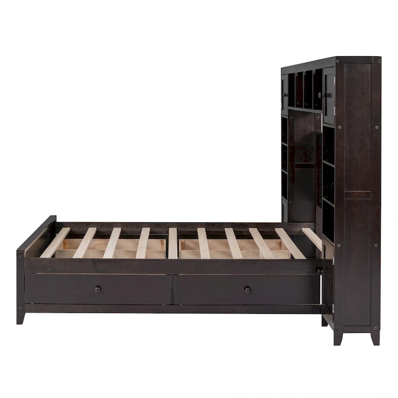 Lit en bois pleine grandeur avec armoire et étagère intégrées, couleur expresso