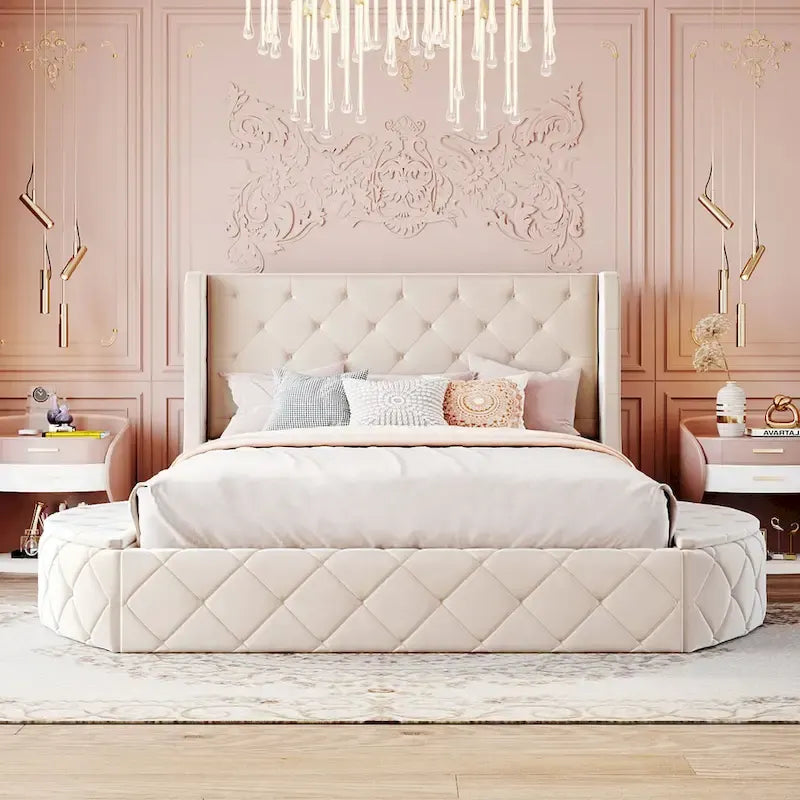 Lit plateforme capitonné Queen Size en velours avec rangement, tête de lit à oreilles, 1 grand tiroir et 2 tabourets de rangement latéraux (beige)