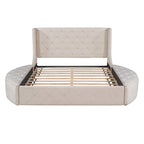 Lit plateforme capitonné Queen Size en velours avec rangement, tête de lit à oreilles, 1 grand tiroir et 2 tabourets de rangement latéraux (beige)